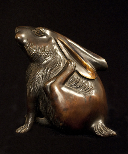 Bronze rabbit okimono, Japan - right side view