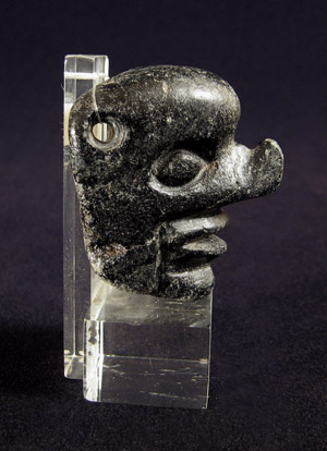 Art of the Americas - Black stone head, El Quetzal, Guatemala, left