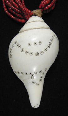 Asian Tribal Art - Conch shell and white-heart bead necklace, Nagaland, India, shell front